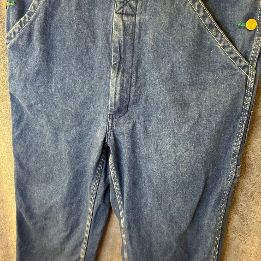 Liberty Mens 32W Blue Denim Bib Overalls Green Zipper Workwear Carpenter Pants